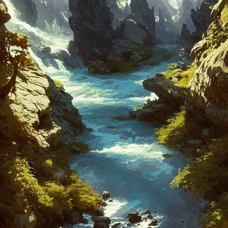 Image similar to Mountain river flows through a fantasy landscape gorge. A big blue lake in the middle of the mountains. Fabulous nature, amazing seascape, highly detailed, digital painting, artstation, concept art, smooth, sharp focus, illustration, art by greg rutkowski and alphonse mucha