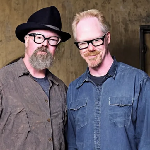 Image similar to Jamie Hyneman and Adam Savage take photo in opening Mythbusters episode