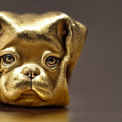 Image similar to an ancient roman gold coin with the face of a french bulldog, close up photo, ultra realistic, studio photo, bokeh.