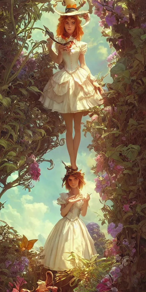 Image similar to alice in wonderland, intricate, highly detailed, digital painting, artstation, concept art, smooth, sharp focus, illustration, Unreal Engine 5, 8K, art by artgerm and greg rutkowski and alphonse mucha