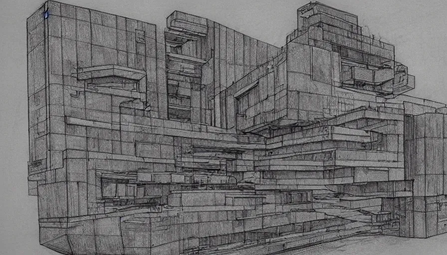 Prompt: big brutalist villain base, drawing architecture