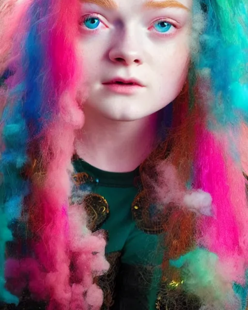 Image similar to a dramatic lighting photo of a beautiful young woman sadie sink with cotton candy hair. paint splashes. with a little bit of cyan and pink