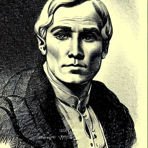 Prompt: franklin booth illustration of a man with short hair, blue eyes