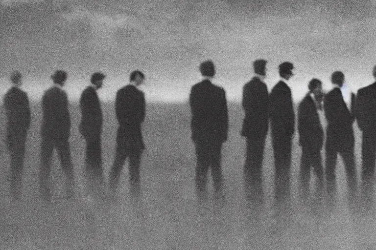 Image similar to 8 mm film still, blurry, grainy, liminal, unsettling, group of tall men in suits in a field at midnight, thunderstorm, dark