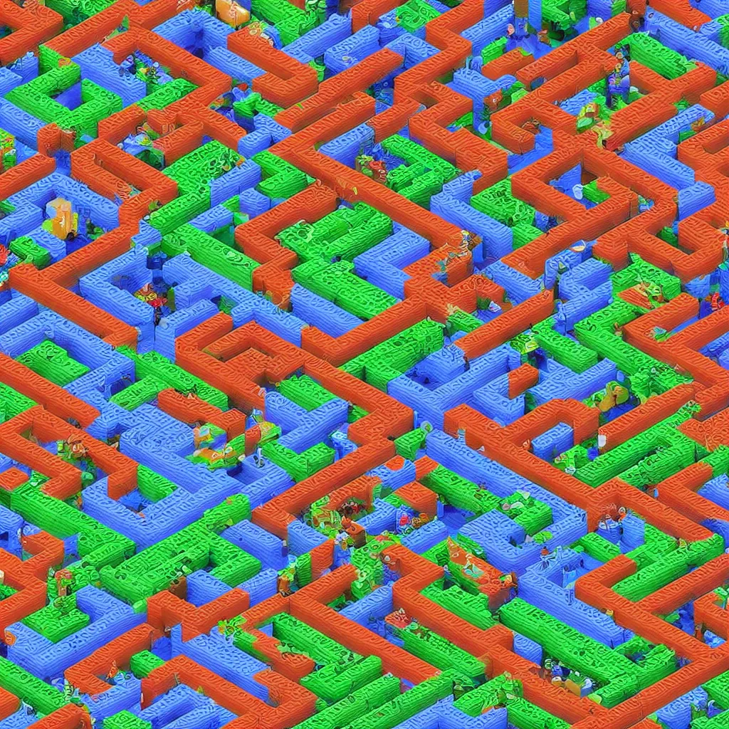 Image similar to wimmelbilder maze made of space invaders, arcade, 8 - bit, isometric, very sharp