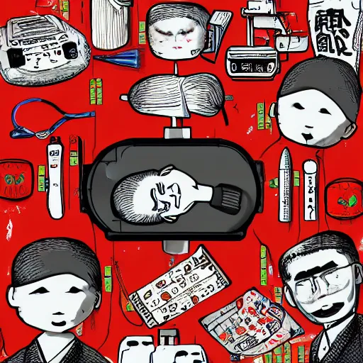 Image similar to chinese surgery operating table, in the style of daniel johnston and outsider art, 8k, line brush, overlaid with chinese adverts