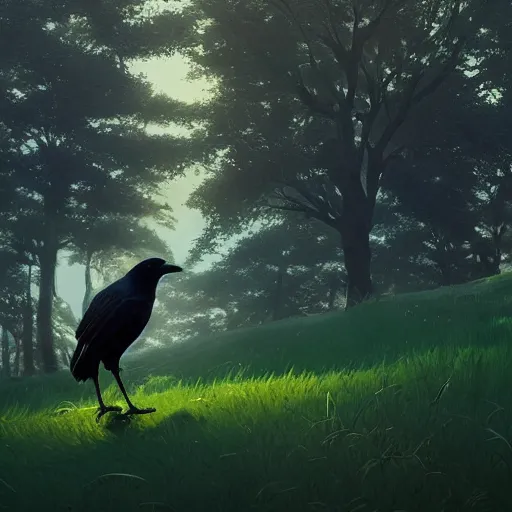 Image similar to a wholesome animation key shot of a crow on a green hill, portrait shot, studio ghibli, pixar and disney animation, sharp, anime key art by greg rutkowski, bloom, dramatic lighting, golden hour