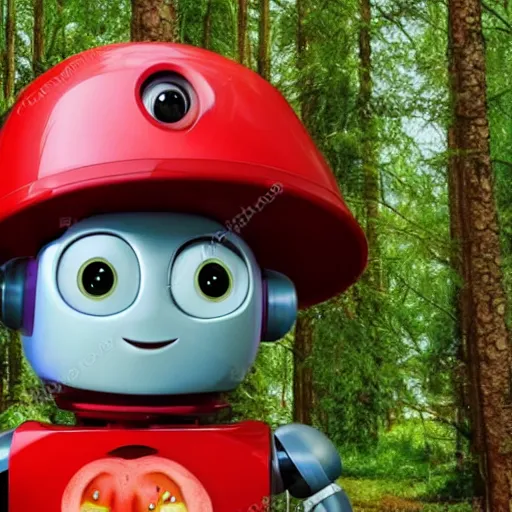 Prompt: cute smiling robot with tomato hat, trekking in a forest, pixar style