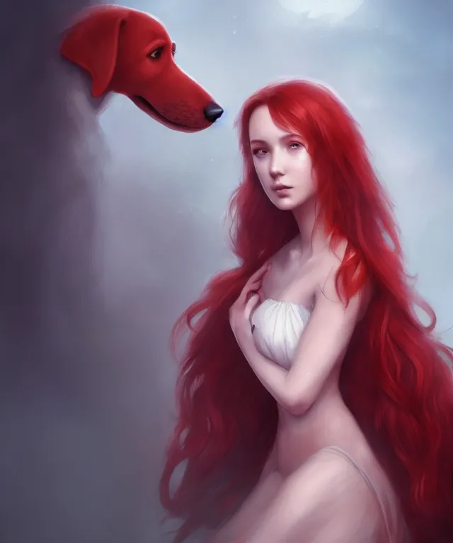 Prompt: girl and clifford the big red dog by charlie bowater and titian and artgerm, full body portrait, intricate, face, elegant, beautiful, highly detailed, dramatic lighting, sharp focus, trending on artstation, artstationhd, artstationhq, unreal engine, 4 k, 8 k