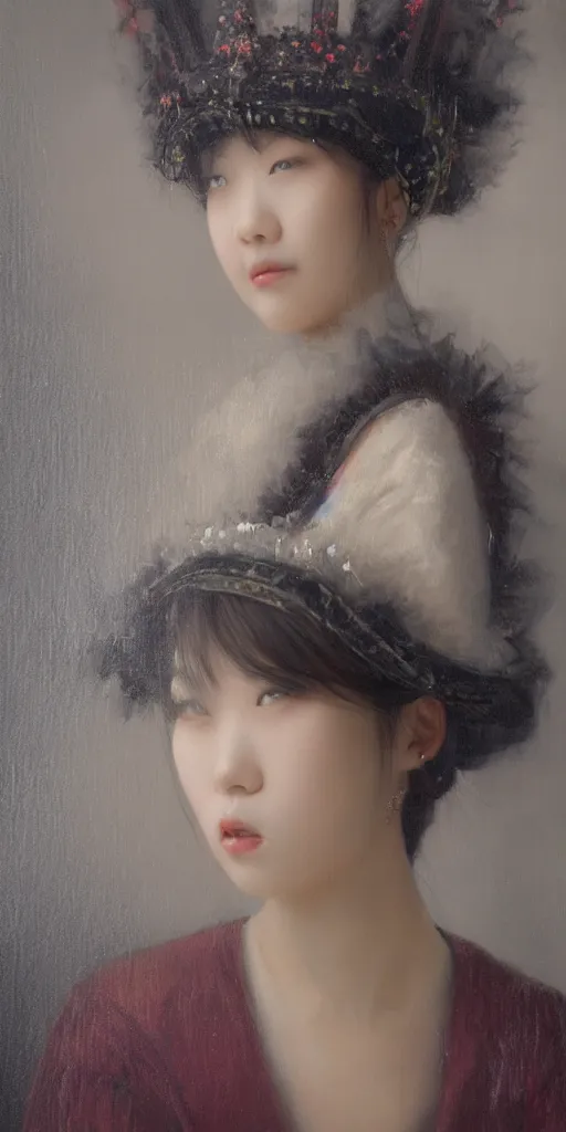 Prompt: Highly detailed and cinematic romantic period oil painting of dense smokey foggy atmosphere with a beautiful Korean girl wearing a neon glowing crown, an oil painting masterpiece by Josep Tapiró Baró, RPG portrait, dynamic lighting, 8K