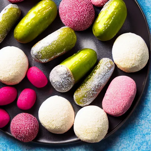 Image similar to powdered donuts and pickles piled on an ornate platter, high resolution photograph, beautiful lighting