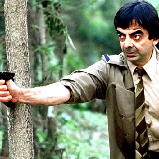 Prompt: A still of Mr Bean in Rambo First Blood