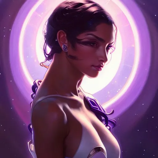 Image similar to Portrait of very very very very very very beautiful Latina woman, spacesuit, purple eyes, intricate, elegant, highly detailed, digital painting, artstation, concept art, smooth, sharp focus, illustration, art by artgerm and greg rutkowski and alphonse mucha