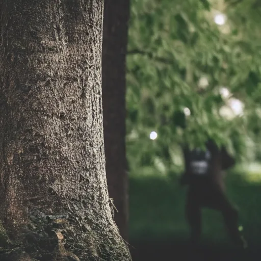 Image similar to high quality photo of mark zuckerberg hiding behind a tree, photography 4k, f1.8 anamorphic, bokeh, 4k, Canon, Nikon