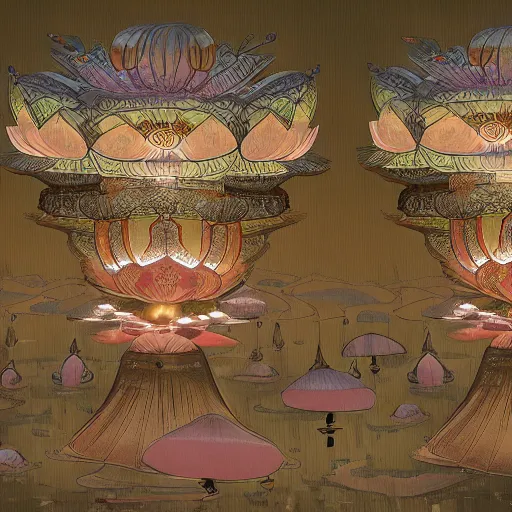 Prompt: concept art, lotus lanterns on the eve of ullambana festival, high resolution, cave temples of dunhuang - style, artstation