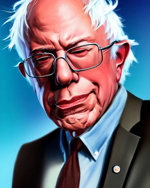 Prompt: portrait of bernie sanders, rockstar games cover art, highly detailed, artstation, trending, concept art, by stephen bliss, anthony mcbain, roxie vizcarra