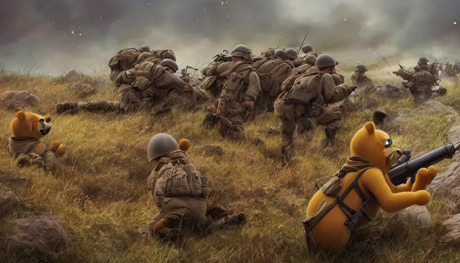 Prompt: 4 0's photos of winnie the pooh firing at german soldiers during d - day in normandy, hyperdetailed, artstation, cgsociety, 8 k