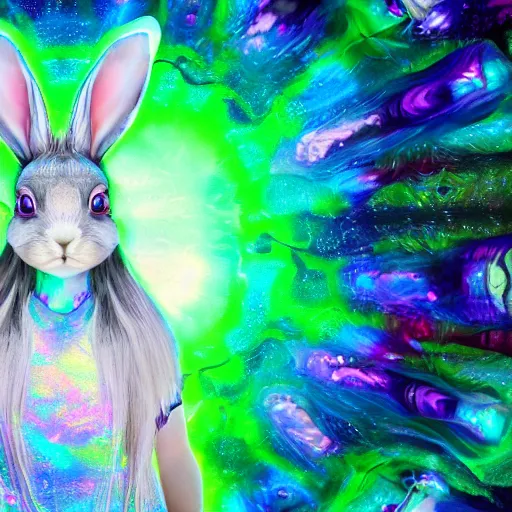 Prompt: 'a painted soul that is imagining becoming a iridescent hare as imagined by a iridescent mega hare as a cute and pretty mentally insane girl looks behind the oblique round fishbowl' 'pretty and cute teen girl with mental insanity creates an image of a psychic iridescent hare.' 3D render at 16K resolution. epically surreally epic image. rendering amazing detail. vivid clarity. ultra shadowing. mind-blowing quality.