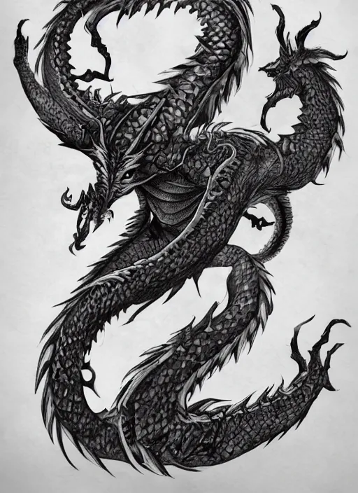 Image similar to highly detailed picture of great dragon, sketch tattoo, dark, black theme, japan style, highly detailed, masterpiece, trending on artstation, golden ratio, cinematic romantic magical, perfect intricate