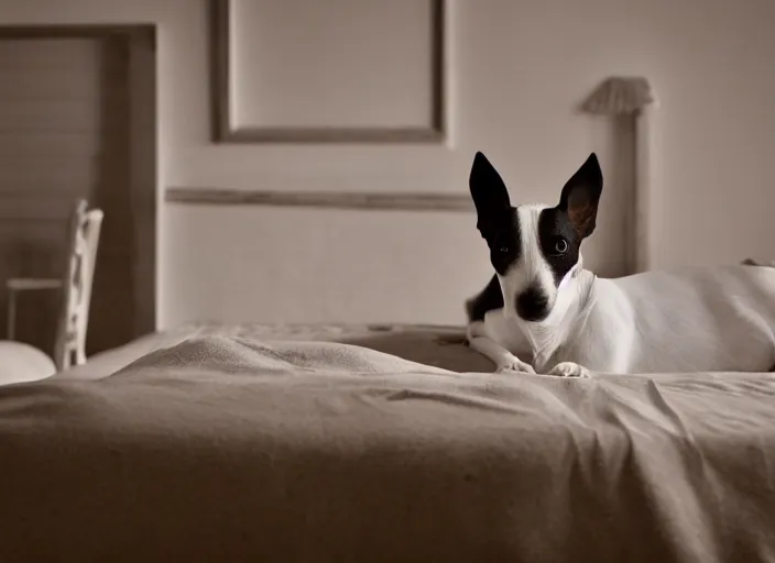 Prompt: photography of a Jack Russel . watching outside the window. on a bed. in a vintage room.,volumetric light, photorealistic,, award winning photo, 100mm, sharp, high res