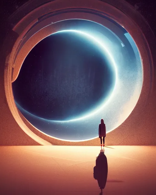 Image similar to a person standing in front of an open door, poster art by mike winkelmann, trending on cg society, space art, sci - fi, ue 5, futuristic, volumetric lighting