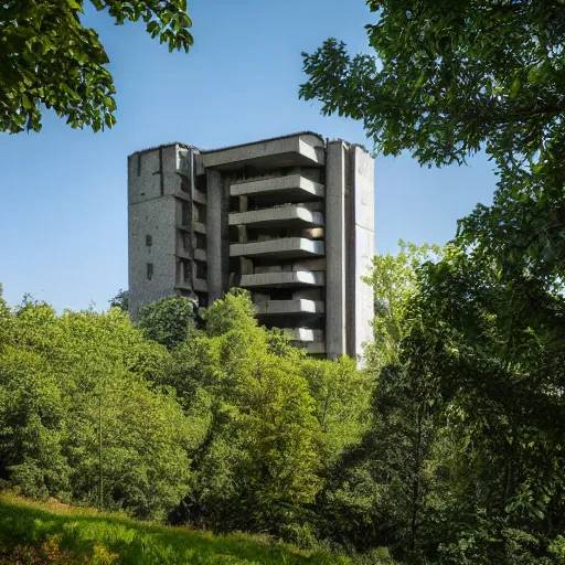 Image similar to an eco-brutalist building amongst the trees