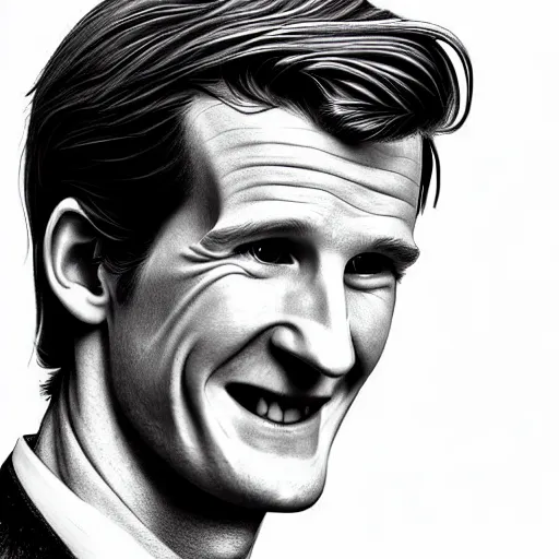 Image similar to beautiful lifelike award winning pencil illustration of the 1 1 th doctor matt smith smiling, whole body cinematic atmospheric, highly detailed, beautiful and realistic faces