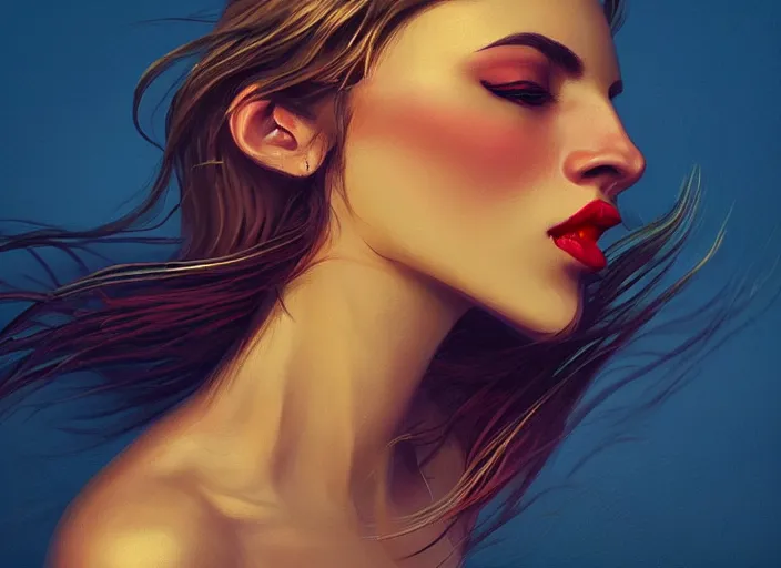 Image similar to woman love woman, sweet hugs, gold trim, atmoshperic, elegant, sharp focus, sand sea, red sun, huge lips, by ilya ozornin, trending on artstation, intricate details