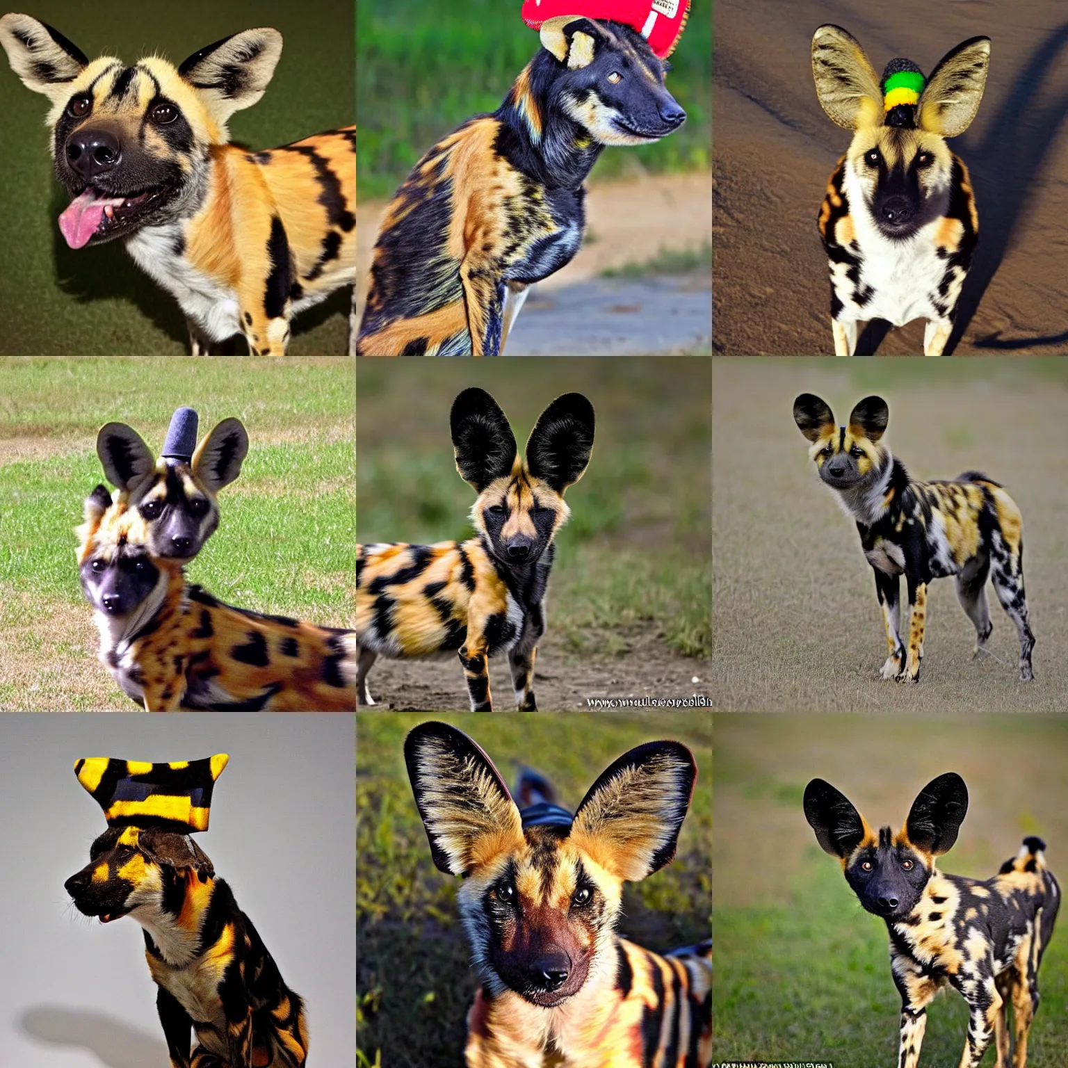 Prompt: My favorite friend, the african painted dog, dress him in a hat, give that dog a hat, right between those radars upon his head, yeah!