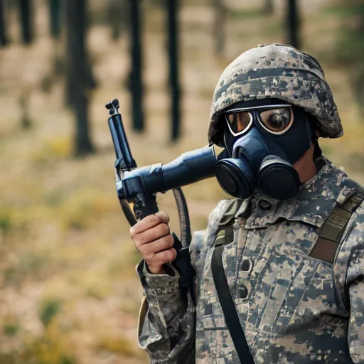 Image similar to a Fox dressed in a modern American military soldier uniform with gas mask, 85mm f/1.4