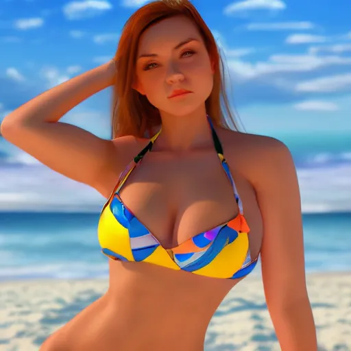 Prompt: Portrait of an extrovert cute girl posing in a bikini on the beach in the style of Mark Arian and Bell Julie, highly detailed, sharp focus, 8k render,