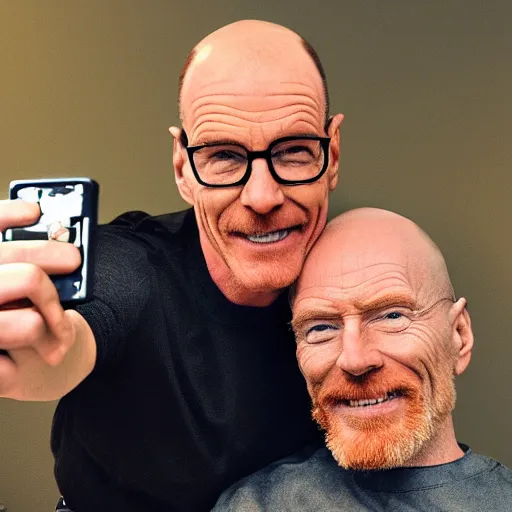 Prompt: Jerma taking a selfie with Bald Bryan Cranston with a goatee in Albuquerque, New Mexico with a yellow filter, real life, hyperrealistic, ultra realistic, realistic, highly detailed, epic, HD quality, 8k resolution, body and headshot, Trending on Artstation, very realistic