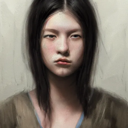 Image similar to portrait of a girl by greg rutkowski, she is about 2 0 years old, mixture between russian and japanese, prettt, black bob hair with two strands around her face, wearing a tank top and a oversized jumper overall, highly detailed portrait, digital painting, artstation, concept art, smooth, sharp foccus ilustration, artstation hq