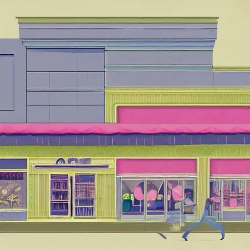 Image similar to art deco illustration of a gaming storefront in a mall in pastel colors