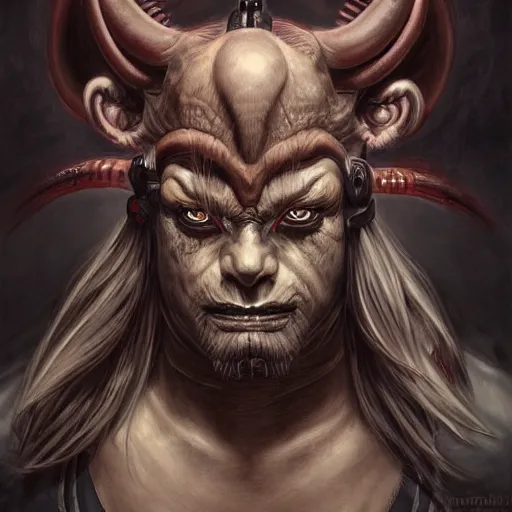 Image similar to portrait, cyberpunk japanese oni demon with horns, stern expression, long hair, highly detailed, digital painting, artstation, concept art, smooth, sharp focus, illustration, artgerm, tomasz alen kopera, peter mohrbacher, donato giancola, joseph christian leyendecker, wlop, frank frazetta