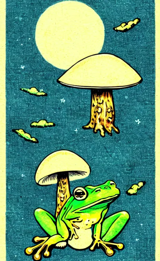 Prompt: cute cottagecore aesthetic frog mushroom moon witchy vintage illustration