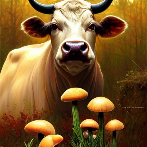 Prompt: long shot photo of a cow with mushrooms sprouting from it's back and top, highly detailed, digital painting, artstation, smooth, sharp focus, illustration, art by artgerm and greg rutkowski and alphonse mucha