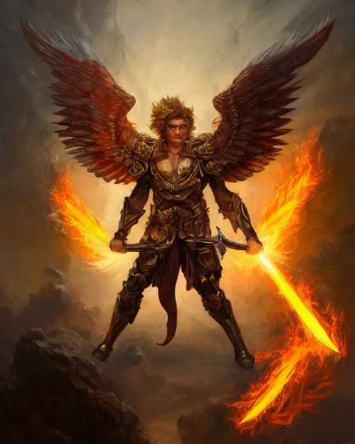 Prompt: fantasy character portrait of a brawny male warrior lion angel of justice, with fiery golden wings of flame, wearing shining armor, wielding a flaming sword and holding a large fiery shield, by peter mohrbacher, mark brooks, jim burns, wadim kashin, greg rutkowski, larry elmore, trending on artstation