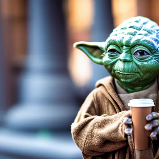 Prompt: yoda from star wars sitting comfortably in a starbucks drinking a latte in the evening. color photo, 8 5 mm high depth of field, warm color palette.