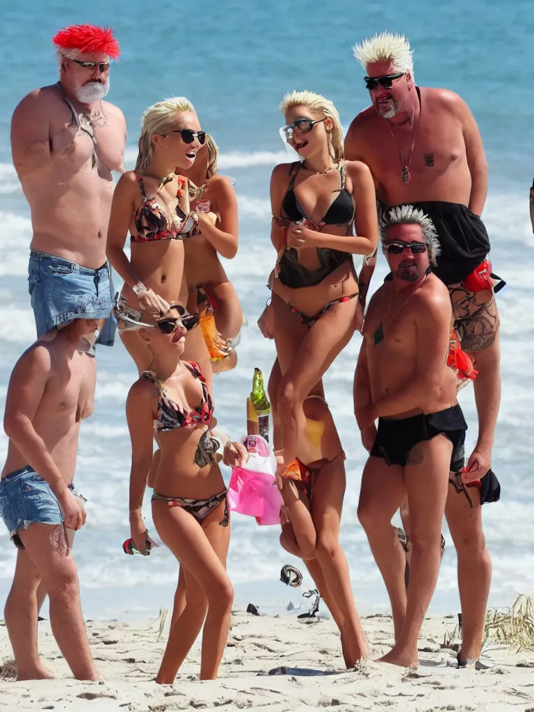 Image similar to olivia munn and miley cyrus and guy fieri on a vacation at the beach