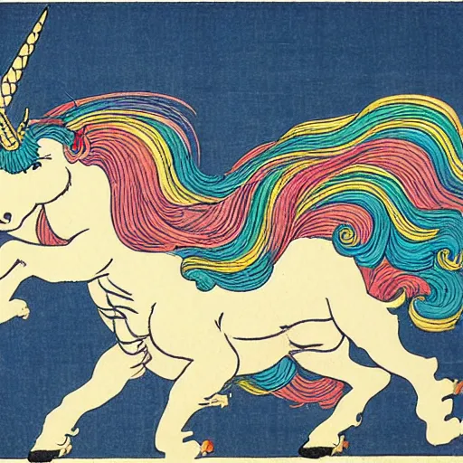 Image similar to A unicorn with rainbow color by Katsushika Hokusai