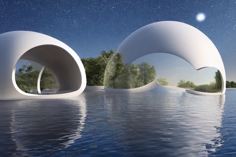Image similar to many white egg shaped spherical spaces ， intersect and bite to form a modern science fiction building ， by pierre bernard, on the calm lake, people's perspective, future, interior wood, marble, award winning, highly detailed 4 k art, dusk, unreal engine highly rendered, global illumination, radial light, internal environment