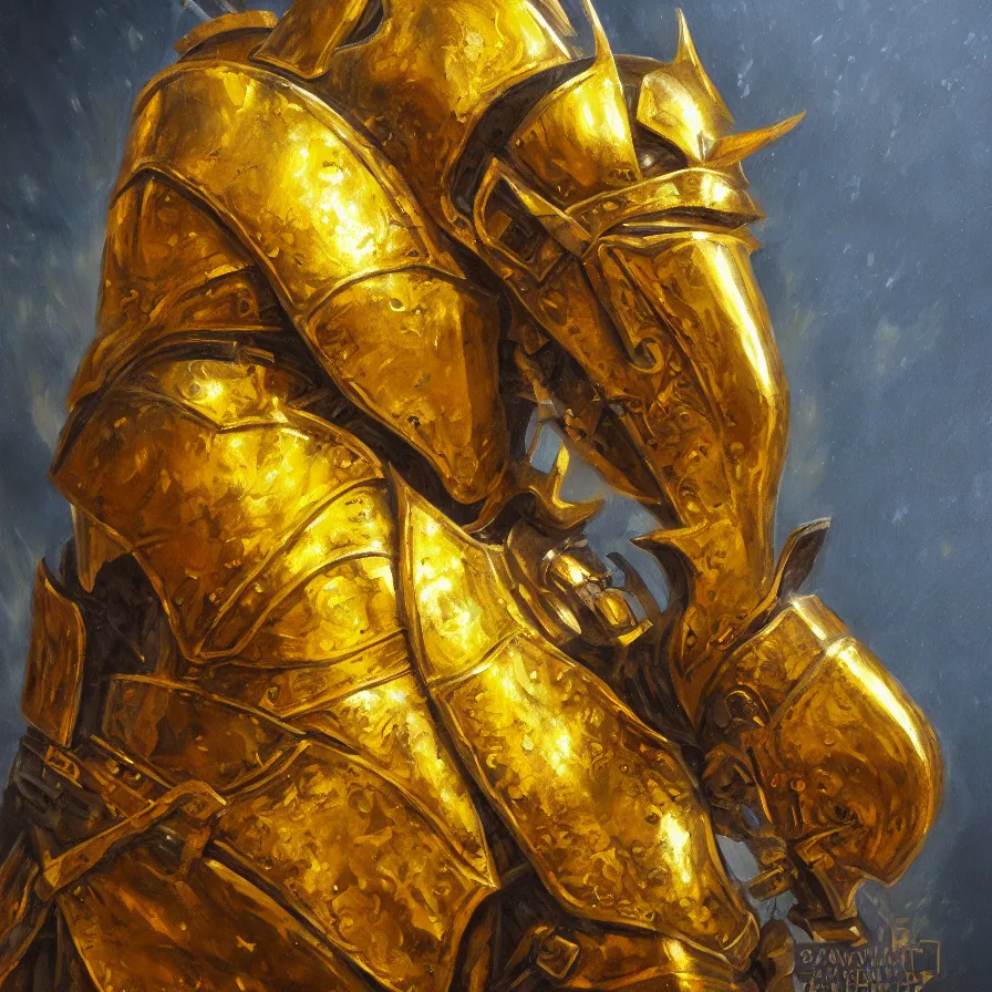 Image similar to golden knight, oil painting, extremely detailed, art station, concept art, faded pallette