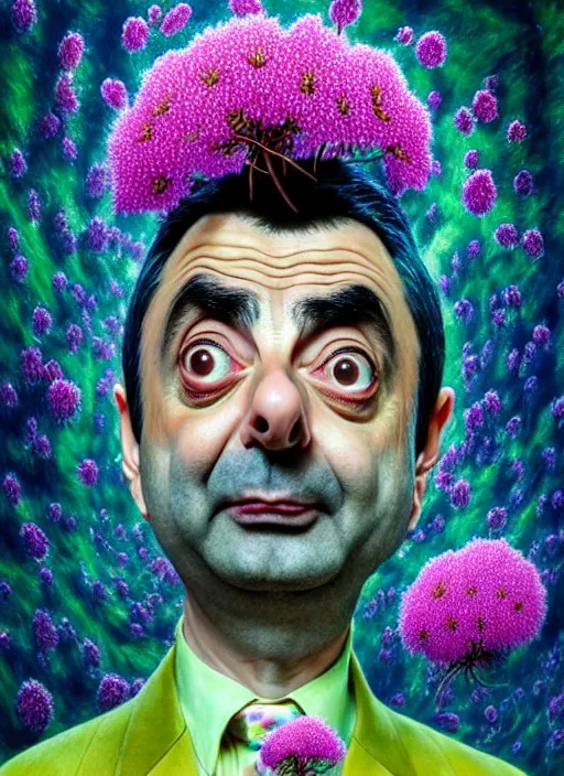 Image similar to hyper detailed 3d render like a Oil painting - kawaii portrait of Rowan Atkinson as Mr. Bean in Aurora seen Eating of the Strangling network of yellowcake aerochrome and milky Fruit and Her delicate Hands hold of gossamer polyp blossoms bring iridescent fungal flowers whose spores black the foolish stars by Jacek Yerka, Mariusz Lewandowski, Houdini algorithmic generative render, Abstract brush strokes, Masterpiece, Edward Hopper and James Gilleard, Zdzislaw Beksinski, Nicoletta Ceccoli, Wolfgang Lettl, hints of Yayoi Kasuma, octane render, 8k