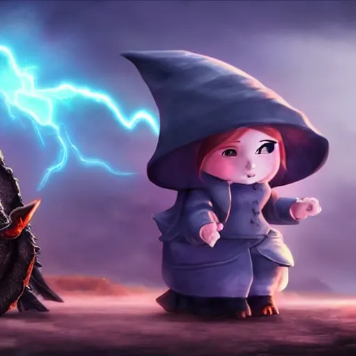 Prompt: A beautiful female gnome wizard casting a lightning spell at a monstrous black dragon::cinematic::dramatic::kinetic::photo realistic::wide angle::high detail