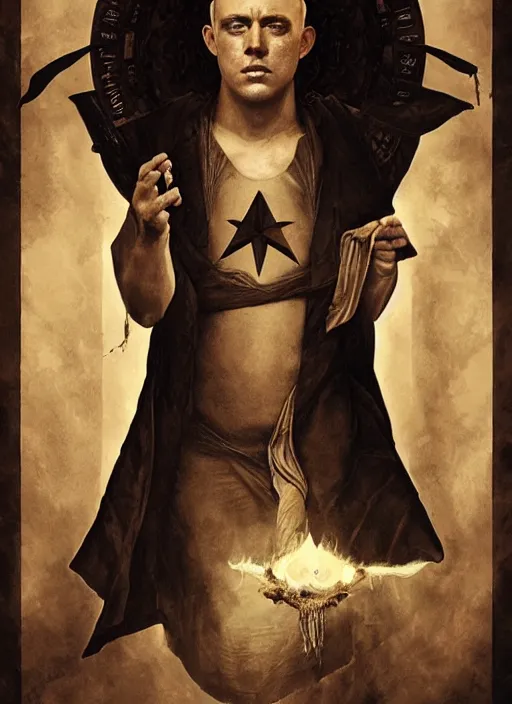 Prompt: channing tatum as aleister crowley the grand mage of thelema. art by tom bagshaw and nils hamm