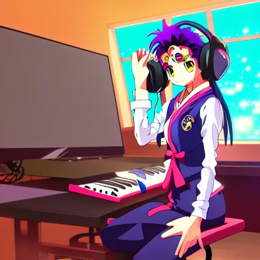 Image similar to An anime character working in their music studio. 90s anime, Sailor Moon, Neon Genesis, official art, flat cell shading, fantastic screenshot art, trending on artstation