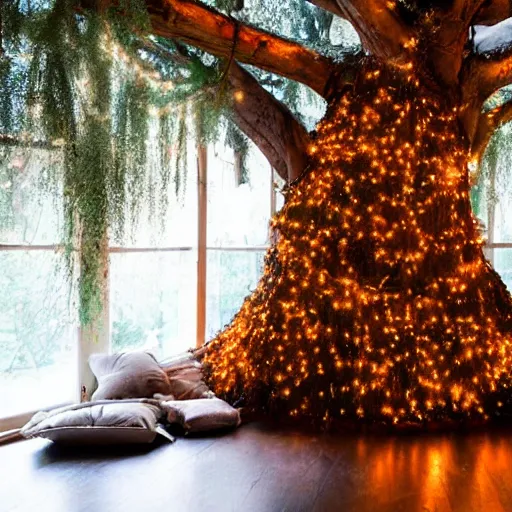 Image similar to cozy house inside a giant tree with fairy lights