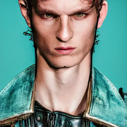 Prompt: an award - winning cropped editorial photo of a male model wearing a teal distressed baggy medieval leather menswear jacket by alexander mcqueen, 4 k, studio lighting, wide angle lens