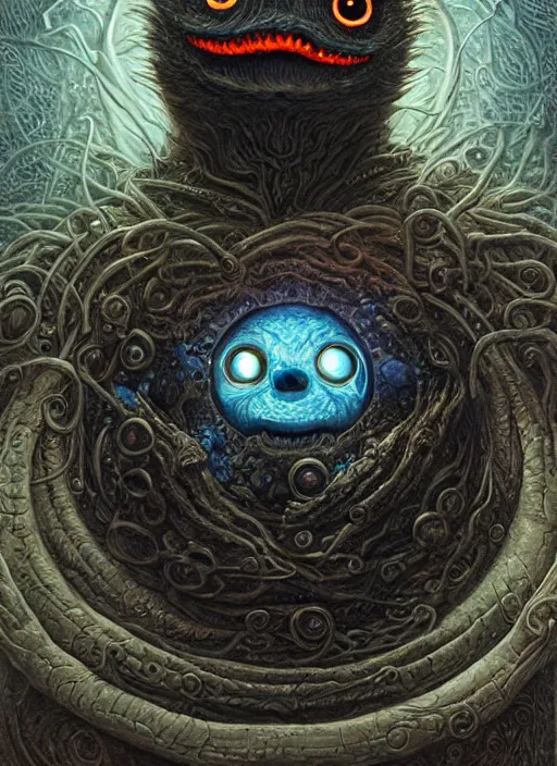 Image similar to cookie monster glowing eyes, shamanic poster lsd art, intricate, elegant, highly detailed, centered, digital painting, artstation, concept art, smooth, sharp focus, illustration, artgerm, tomasz alen kopera, peter mohrbacher, donato giancola, joseph christian leyendecker, wlop, frank frazetta